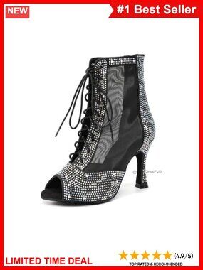 Rhinestone Satin Mesh Dance Boots Open Toe Ankle Strap Ballroom Heels